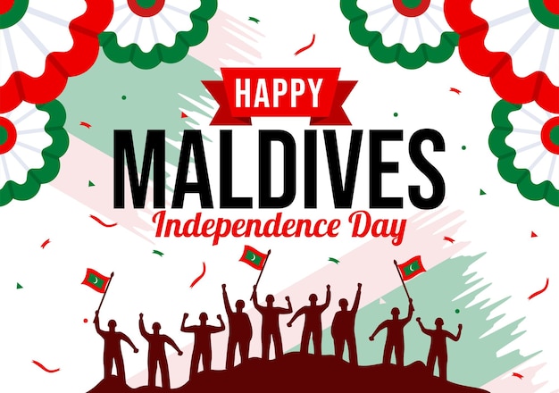 Vettore illustrazione vettoriale di happy maldives independence day il 26 luglio con bandiera ondulata e nastro delle maldive