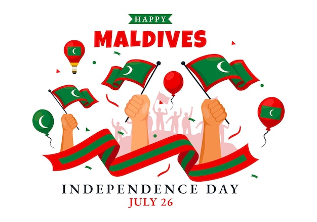 Vector happy maldives independence day vector illustration on 26 july with maldivian wavy flag and ribbon