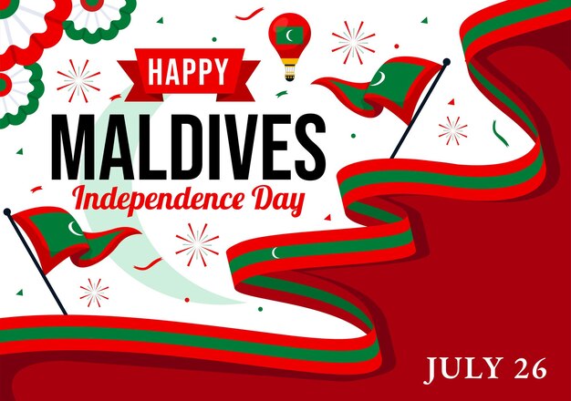 Vector happy maldives independence day vector illustration on 26 july with maldivian wavy flag and ribbon