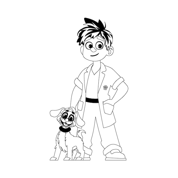 Happy male animal doctor and adorable dog Childrens coloring page