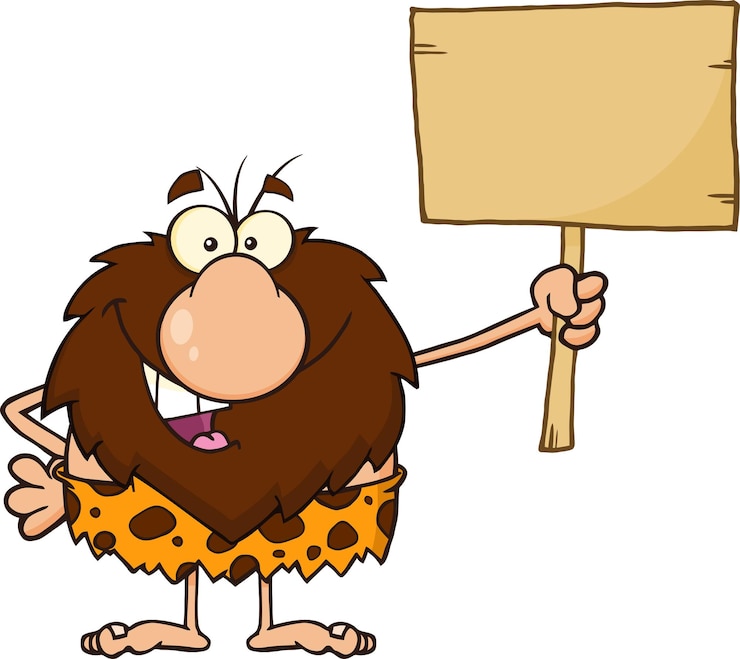 वेक्टर happy male caveman cartoon mascot character holding a wooden board
