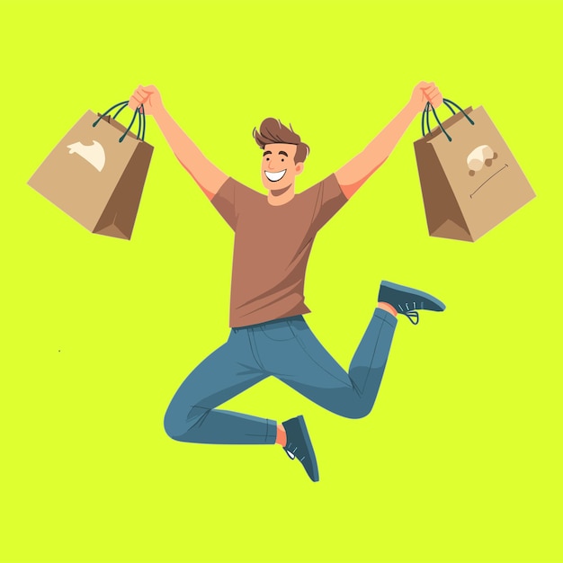 행복한 남성 캐릭터는 큰 할인 개념 터로 구매하는 쇼핑 패키지를 가지고 있습니다.