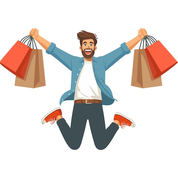 Happy male character carries shopping packages buying with big discount concept vector