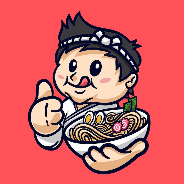 Happy Male Chef Holding Ramen Noodle Giving Thumb Up Cartoon