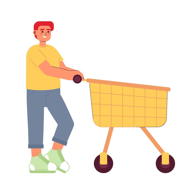 Vector happy male customer pushing shopping trolley semi flat colorful vector character