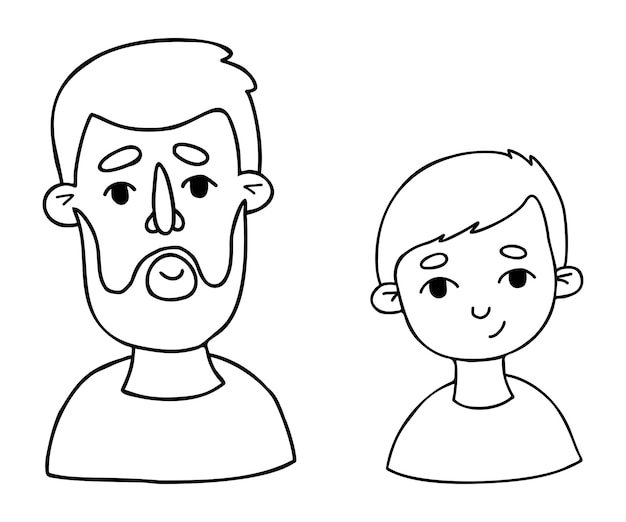 Happy Male faces Portraits of father and son Outline drawings