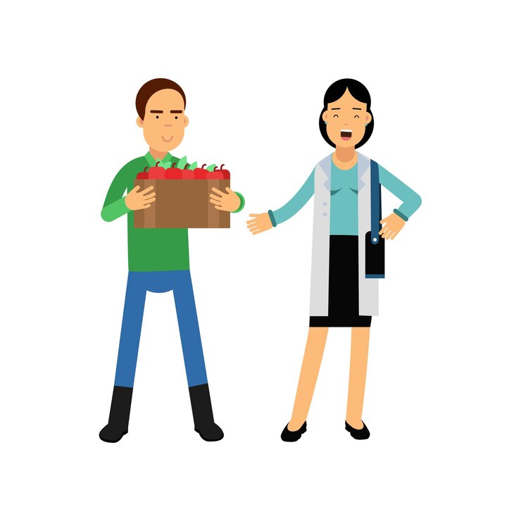 Vector happy male farmer cartoon character selling apples to woman. man standing with box of fruit in hands. fresh farm products. growing organic eco food concept. flat vector illustration isolated on white.