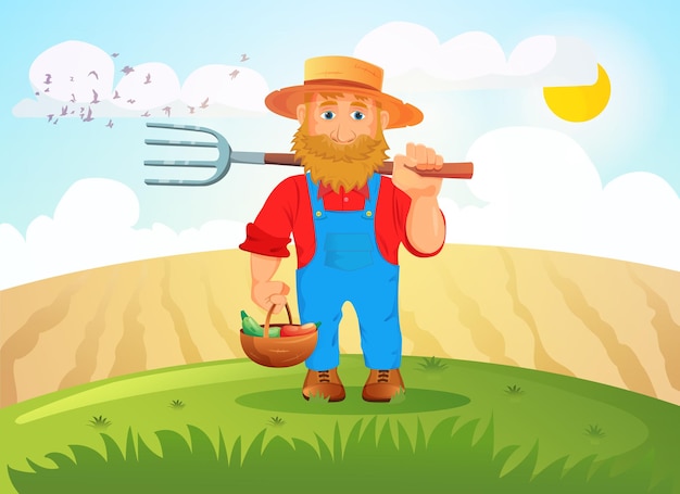 Happy male farmer holding a basket with vegetables and pitchfork harvesting in the field