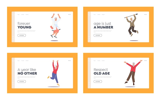 Happy Male Female Characters Jump Landing Page Template Set Seniors Jumping with Raised Hands and Laugh Elderly Men or Women in Casual Clothes Joy Aged People Happiness Cartoon Vector Illustration