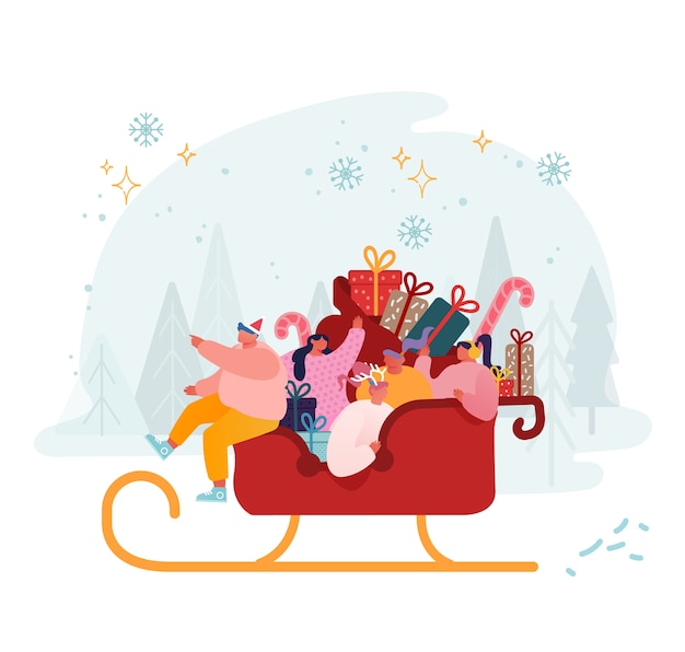 Happy male and female characters riding santa claus sled full of gifts and presents.