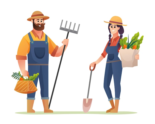 happy male and female farmers with organic vegetables cartoon