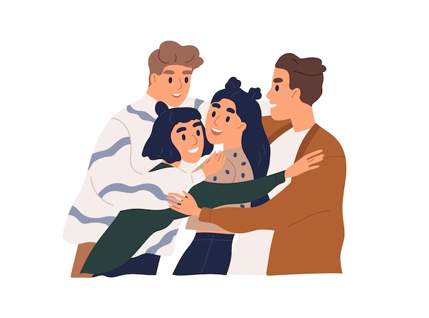 Happy male and female friends hugging. People meeting and embracing together. Concept of friendship and reunion. Colored flat vector illustration of smiling teenagers isolated on white background.