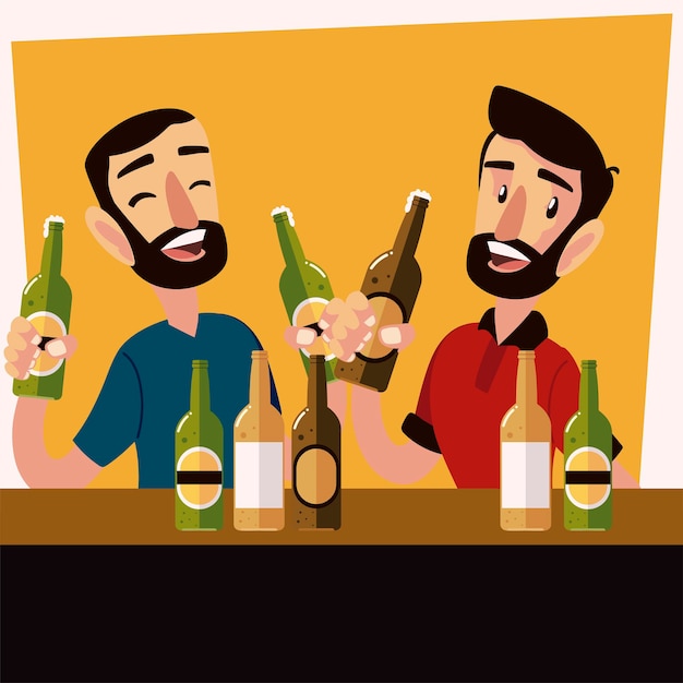 Amici maschii felici che bevono birra e illustrazione di vetri tintinnanti