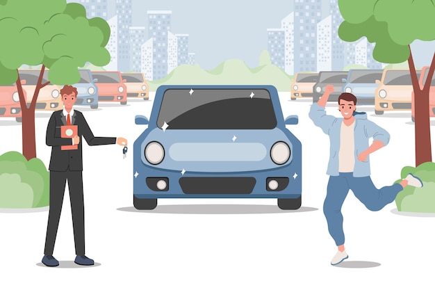 Happy man buying a car illustration