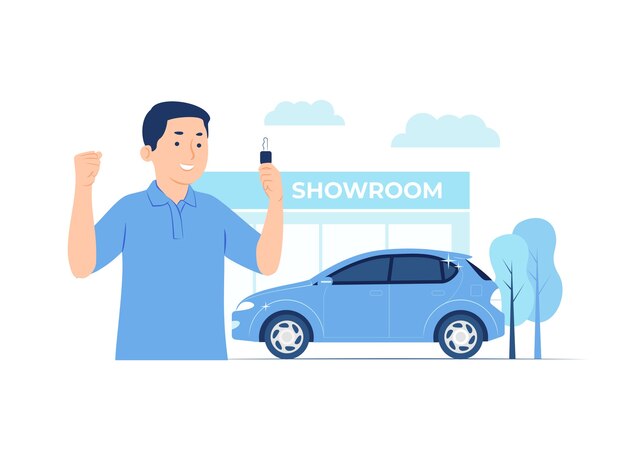 Happy man buying a new car in showroom concept illustration