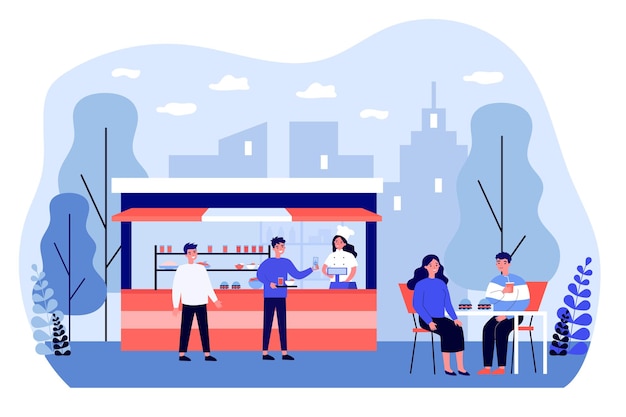 Happy man buying and putting food on tray at street food stall. Couple eating hamburgers at table outdoors flat vector illustration. Street food concept for banner, website design or landing web page