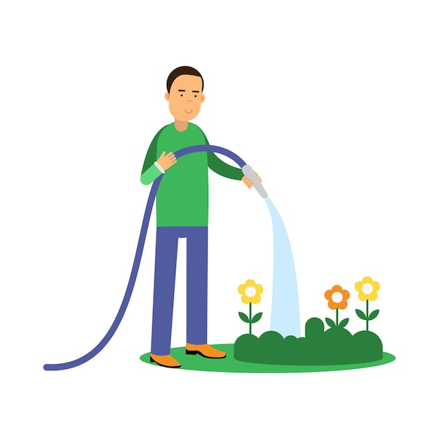 Vector happy man cartoon character watering flowers from a hose. contributing into environment preservation. people who protect nature. gardening and harvesting. flat vector illustration isolated on white.