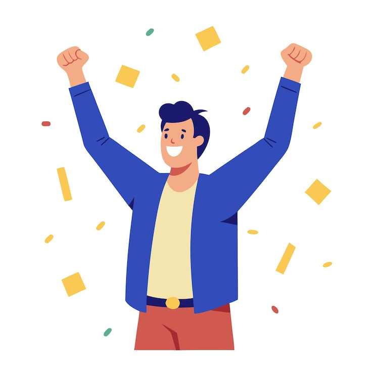 Vector コンフェッティとストリーマーのイラストで祝う幸せな男