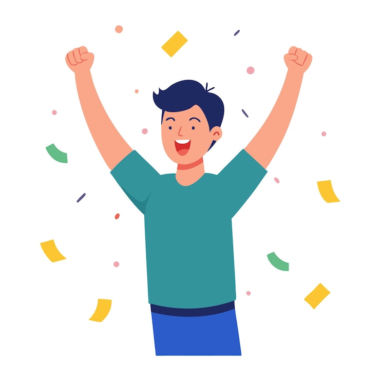 Vector コンフェッティとストリーマーのイラストで祝う幸せな男