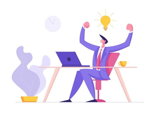 Happy man character working with laptop having idea light bulb illustration