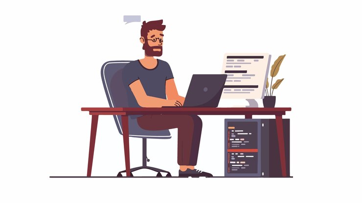 Vector happy man character working with laptop professional development image