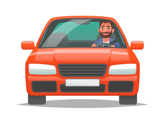 Vector happy man driving a red car sedan driver buying a new vehicle or a trip to work personal transport