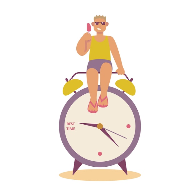 Happy man eating ice cream while sitting on clock. Time management concept. Freelance work by sea. Vacation planning and time to rest. Flat vector illustration
