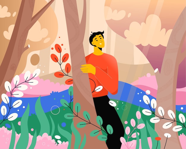 Happy man enjoying nature at abstract magic forest scene