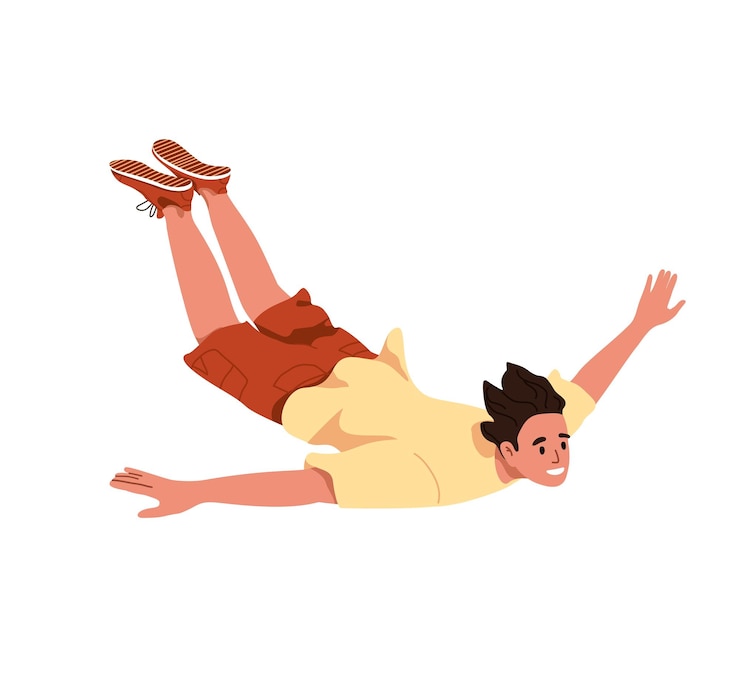Vector happy man falling down in free flight person extreme jumping flying in air jumper flies land diving freedom aspiration enthusiasm concept flat isolated vector illustration on white background