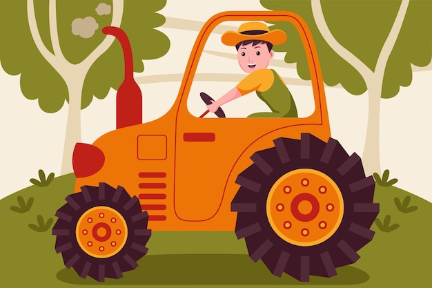 Vector happy man farmer driving tractor at the garden.