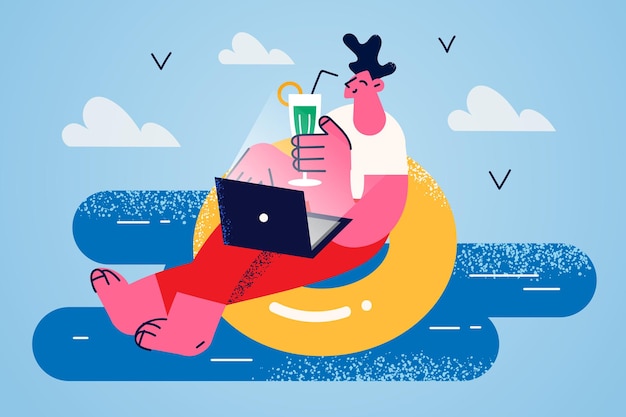 フローティングリングに横たわっている幸せな男のフリーランサーは、ラップトップでオンラインで海の仕事でリラックスします。笑顔の男は、夏休みや休暇でリモートジョブを楽しむコンピュータを使用しています。アウトソーシング、フリーランス。ベクトルイラスト。