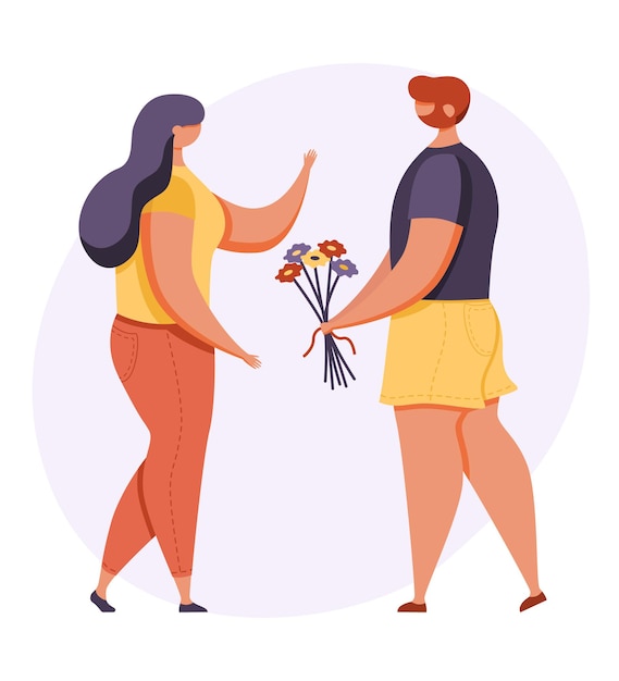 Vector happy man giving flowers to woman