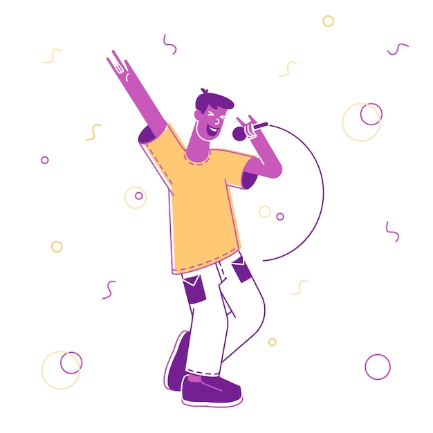 Vector happy man having fun singing at karaoke bar or night club