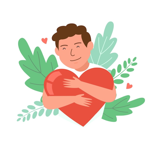 Vector happy man holding a big heart in his hands self care self love