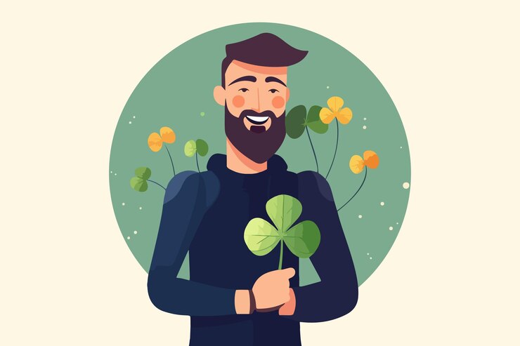 Vector happy man holding lucky fourleaf clover superstition concept vector illustration