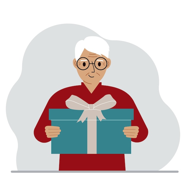 Vector happy man holds a large gift box with a bow in his hands vector flat illustration