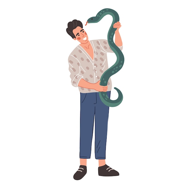 행복한 남자가 뱀을 안고 있다 그 남자는 파충류를 보고 웃는다 애완 동물 수의학
