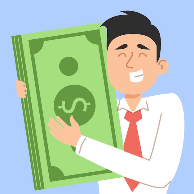 Vector happy man hugs green banknotes