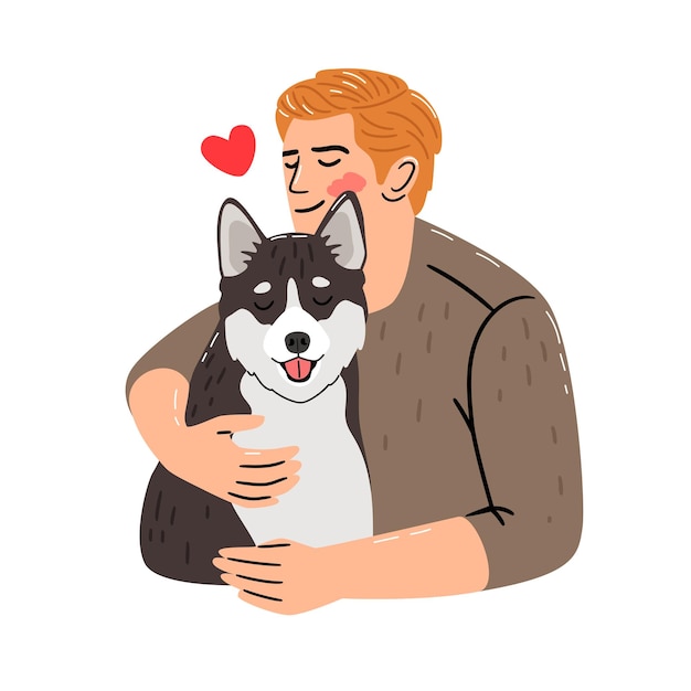 Happy man hugs husky breed dog Illustration about the love of pet owners