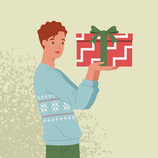 Вектор Счастливый человек в свитере, держа в руке рождественский подарок. иллюстрация в плоском стиле