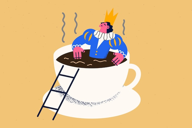 ベクトル キングコスチュームの幸せな男は、コーヒーカップの中でリラックスして仕事の日のエネルギーを取得します。ホットチョコレートまたはエスプレッソマグカップで笑顔の男性の休息。朝のルーチンの習慣の概念。フラットベクトルイラスト。
