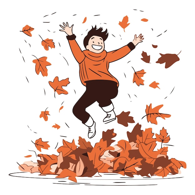 Vettore un uomo felice che salta tra le foglie d'autunno di un giovane felice che saltella tra le foglia d'autunnone
