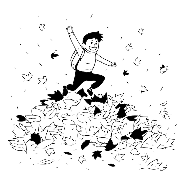 Vector happy man jumping on a pile of autumn leaves