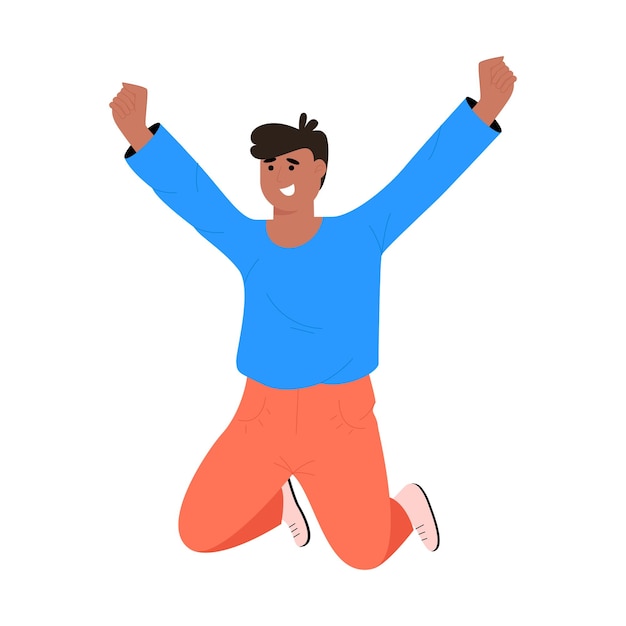 Vector happy man jumping with joy energetic and cheerful man concept of victory and success