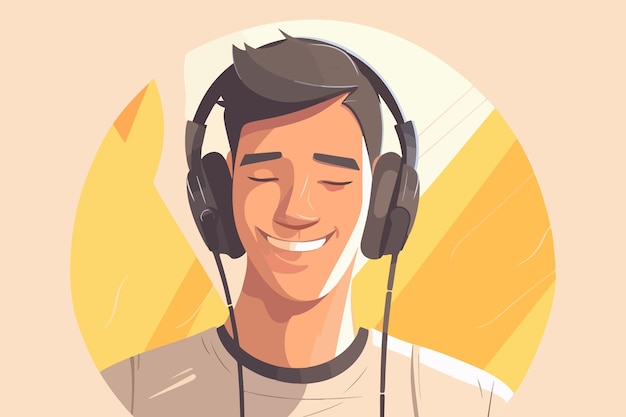 Happy man listening to music in headphones vector illustration