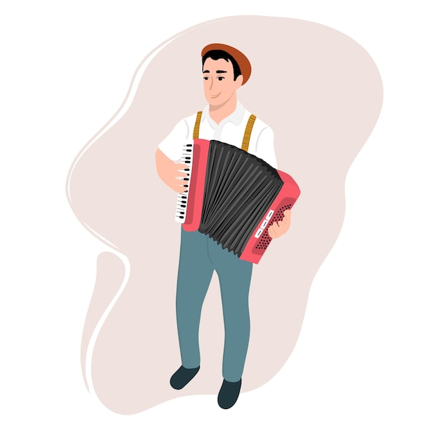 Happy man plays the accordion. Music festival concept.