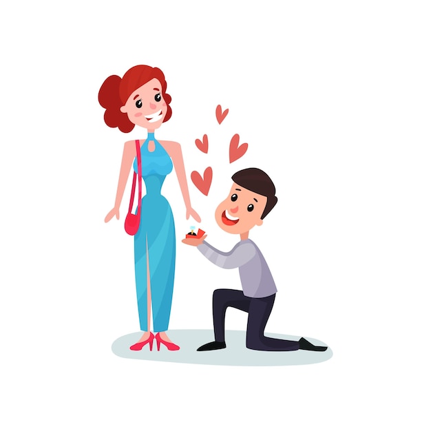 Happy man proposing marriage to beautiful woman with diamond ring couple in love on a date cartoon vector Illustration on a white background