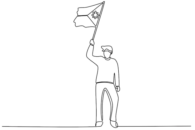 A happy man raises the Philippine flag Philippine independence day oneline drawing