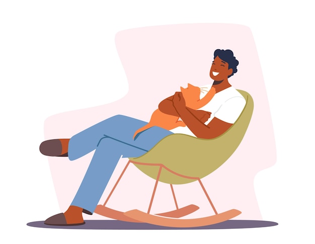 Vector happy man relaxing on armchair with cute cat on hands