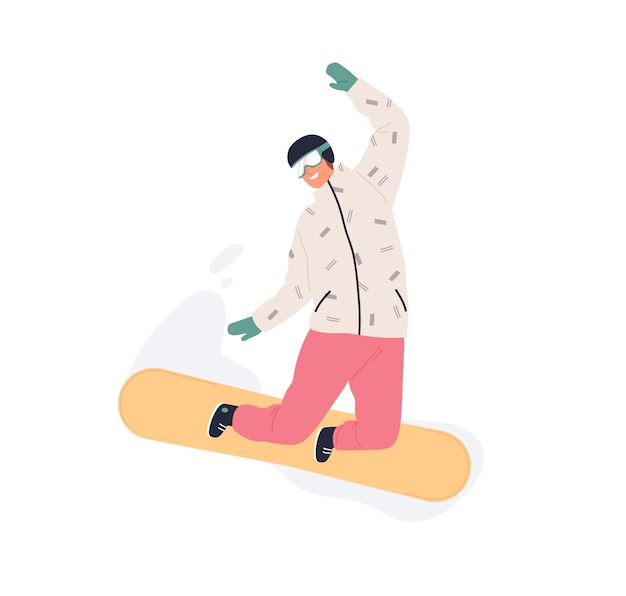 Happy man riding snowboard. smiling snowboarder in helmet and
glasses jumping with snow board. extreme winter sport. flat vector
illustration of person during snowboarding isolated on white
background